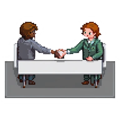 icon representing an important meeting, two people shaking hands at a table sticker