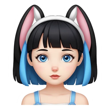 Girl with blue eyes and black hair with short bangs and bunny ears sticker