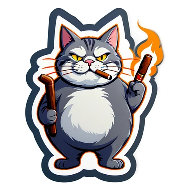 Fat grey cat with cigar sticker