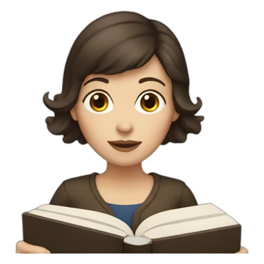 White woman with dark brown hair holding a book sticker