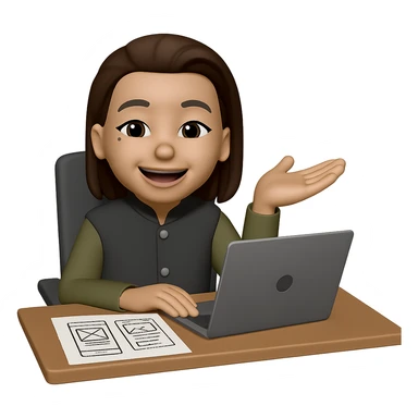 Edit the image to show the woman sitting in an office environment creating design mockups. Include a laptop and design sketches on the desk. Keep the same style as the original image. Make the background transparent. sticker