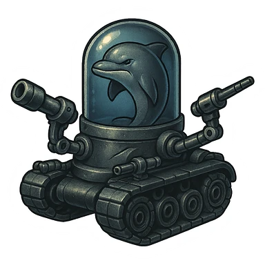 Create a retro sticker style image of a dolphin in a water tank mounted on tank treads, with robotic arms equipped with ranged weapons. The dolphin and tank should look very menacing with a gritty metallic look. The water in the tank is always blue. No border around the image. sticker