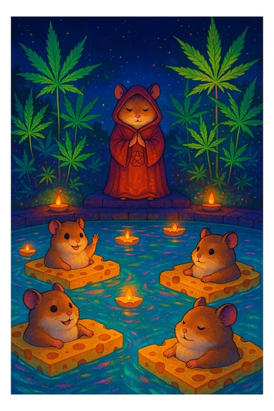 Night-time hamster cult pool party with weed leaves, cheese floats, dazzling saturated colors, magical colorful Ghibli style sticker