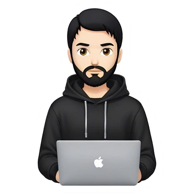 hackeur blanc cheveux noir barbe et capuche noir avec un macbook sticker