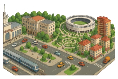 Изометричная миниатюрная фотореалистичная 3D модель панорамы Краснодара - вокзал Краснодар, КубГМУ, парк Краснодар со стадионом, краснодарские дома, автотранспорт четкие линии, яркие цвета, мультяшный реализм, люди, автотранспорт, компактная композиция, вид сверху в изометрии, прозрачный фон sticker