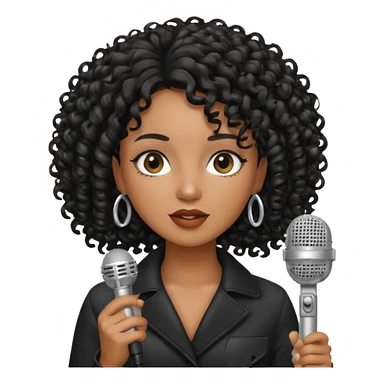 brown skin woman, curly black hair, singer, hold micro sticker