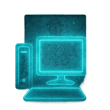 Generate a minimalistic Elden Ring glintstone sorcery version of the Windows 'My Computer' icon. Emphasize a glowing blue computer silhouette and a faint scroll, with very subtle magical effects. 1080 x 1080, transparent background. sticker