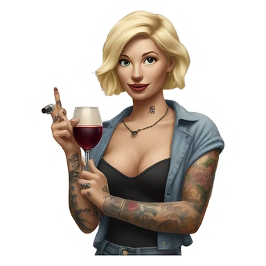 Blonde women in, her body covered with tattoos, wine in her one hand, pointing cat with her other hand, Hyper realistic  sticker