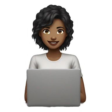 Girl with a wolf cut hair with a laptop smiling black hair white skin tone brown color of eyes tired look but smiling with just lips not curly sticker