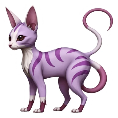 Purple, white, black, Minccino-Sphynx-Lykoi-Linoone-Zangoose-fusion-hybrid-animal-Fakémon-creature, full body, thin long sleek scaly tail, intricate markings sticker