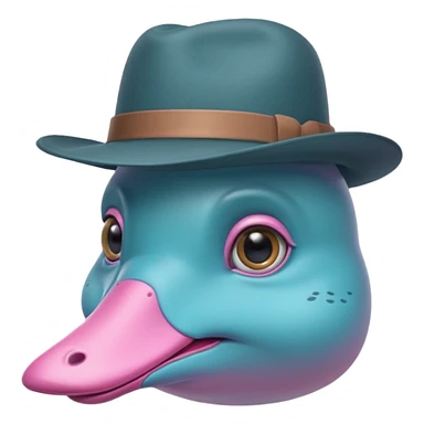 cute light blue turqiouse platypus head, mysterious with very big eyes with a detective hat and monocle on his eye, no  hands, looks like a platypus but blue, the hat and suit are pink sticker