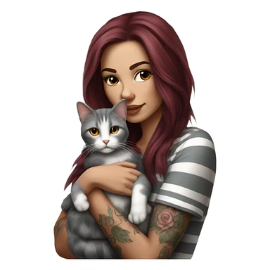 Beautiful burgundy haired tattooed woman holding gray and white striped long hair cat sticker