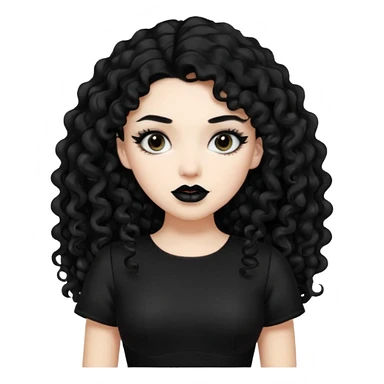 long black curly hair with white skin black dress and black lipstick sticker