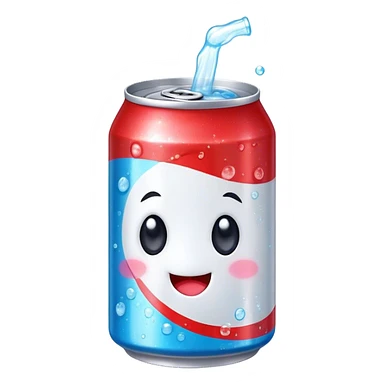 Cute Kawaii Soda Can, bubbly and vibrant, bright red and blue stripes, playful fizz popping around, a chubby happy face with wide sparkling eyes, energetic and refreshing! sticker