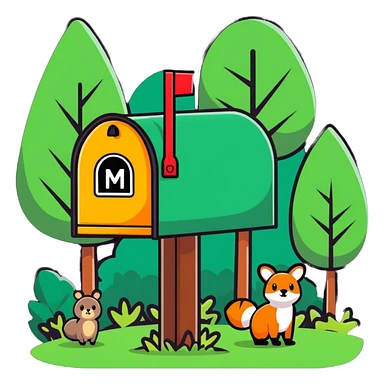 forest mailbox with tiny animal letters, cozy woodland theme, cartoonish sticker style, bright and playful sticker