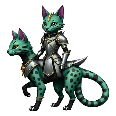 Epic complex detailed dark dusky gloomy deep gothic dark-deep-green, black, realistic Fakémon-Sprigatito-Floragato-Meowscarada-Trico-Sergal-Serval-Vernid-creature (full body) with armor and metal knight collar sticker