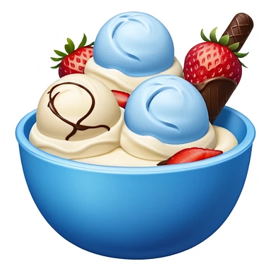 Blue bowl with just 3 scoops of ice cream in it: white, brown, and pink sticker