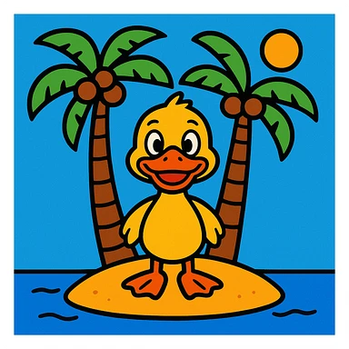 cartoon of a duck standing on a small island, facing front, with two coconut trees on the island, vibrant and playful style sticker