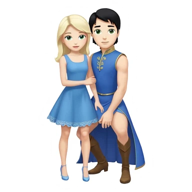 prince, upright, black Hair, blue eyes, blue garment,  Woman, blonde Hair, Green eyes, bending knee, sleveless, white Dress, sticker