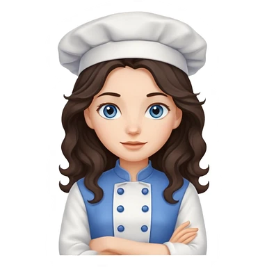 A girl with long, dark brown, wavy hair, grey-blue eyes. He cooks in the clothes of a cook sticker