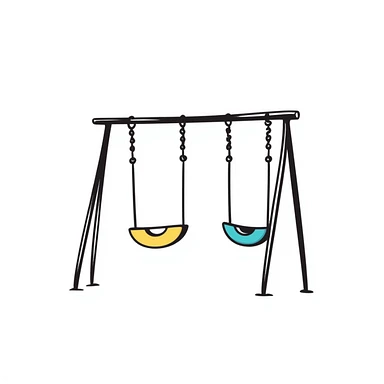 Children's playground swing set with seats in pastel colors (dd9fb0, ffc6d3, a3bfc9, c4bee2, f1b091), hand-drawn doodle style sticker