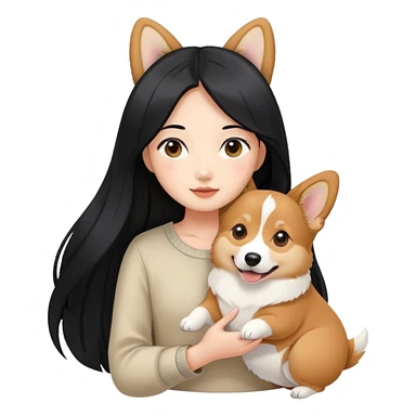 Asian girl with long black hair holding her corgi sable color sticker