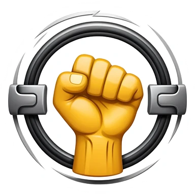 An emblem-style emoji symbolizing striking martial arts. A bold, stylized fist in the center, surrounded by dynamic motion lines representing speed and impact. The background includes a minimalistic combat ring or arena silhouette. Transparent background. sticker