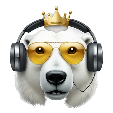 polar bear, cute emoji face, looking forward, remix dj, wearing cool sunglasses and over ear headphones and a fun crown sticker