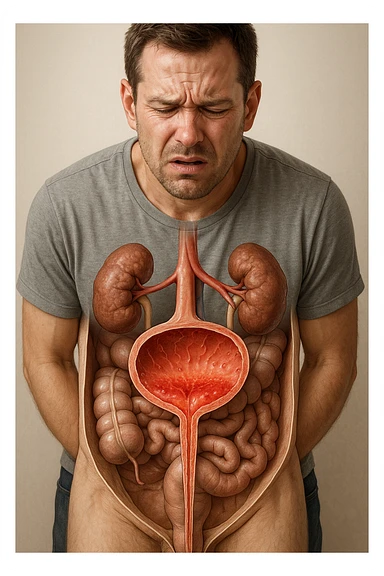 Vertical, hyper-realistic 3D cutaway illustration: uomo con difficoltà con cistite e problemi  sticker