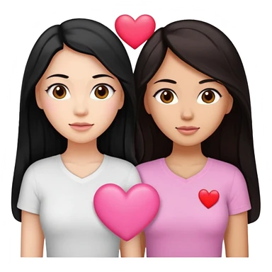 Dos mujeres juntas que una sea de color trigueña y de color blanca, cabello largo negro sea la de piel blanca y la de piel trigueña cabello castaño raya en medio, tengan polo blanco y tengan un corazon rosado arriba sticker