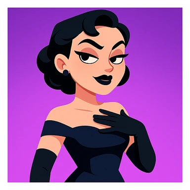 cute animated 3D cartoon character of a glamorous woman with short black hair in elegant curls, wearing a dark navy blue off-shoulder gown and long black gloves, confident slightly smug facial expression with bold dark makeup including black lipstick and sharp eyebrows, hand placed on chest as if in disbelief or sass, bright purple gradient background, mobile game character art style sticker