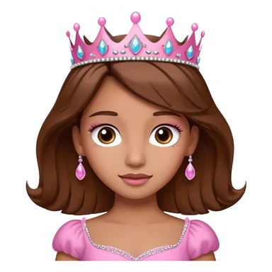 A pretty princess emoji with eye lashes, tan skin and brown hair with a pink dress and tiara  sticker