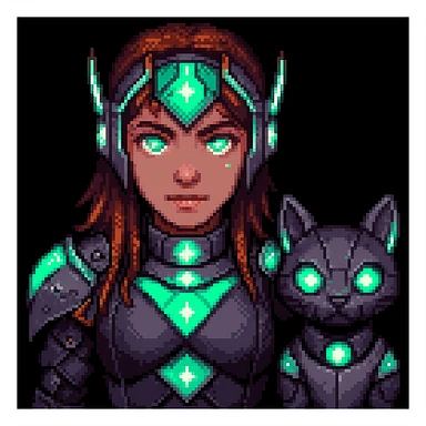 Add a small robotic pet next to the android girl with glowing eyes and armor in pixel art style. sticker