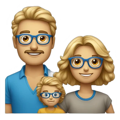 Familia de padre calvo con gafas, madre rubia de pelo largo, niño rubio de 8 años con gafas azules  y niño de pelo castaño de 12 años con gafas azules sticker