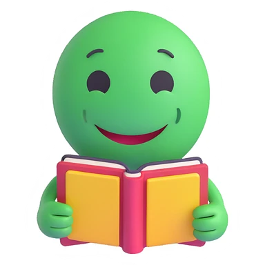 3D smiley emoji, round shape, grandfather with book, green color, smiling face sticker
