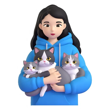 Girl with black hair in gray hoodie with a British shorthair blue and white cat and a long-haired blue and white cat sticker
