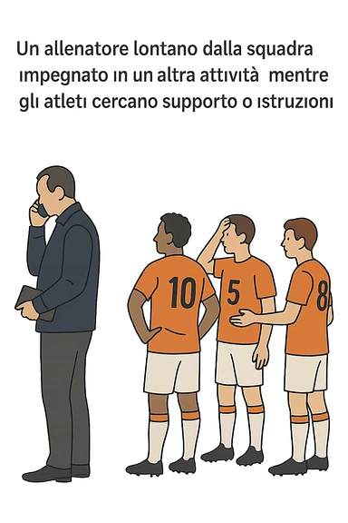 a coach is seen far away on the sidelines, partially turned away from the team or group, engaged in another activity (like reading, texting, or talking on the phone), while the athletes look toward them for support or instruction. The distance between coach and team is visually clear, symbolizing lack of presence. in italiano sticker