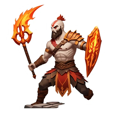 An icon showing a powerful warrior wielding a weapon, inspired by God of War: Ragnarok. The design captures the character’s strength, with dynamic motion lines. A fiery, mythological background with mountains and ruins enhances the epic atmosphere. Transparent background. sticker