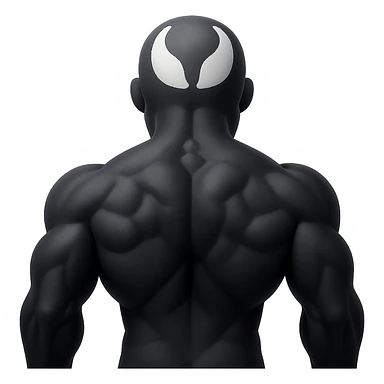 Make this character a full black Venom, keeping the rear back view and muscular details, in the style of apple emojis with concise style and colors. sticker