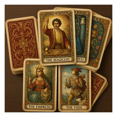 highly detailed tarot deck with decorative card backs, classic Victorian motifs, rich colors, cards stacked and slightly spread sticker