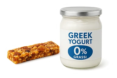 BARRETTA ENERGETICA E BARATTOLO DI YOGURT GRECO CON  LA SCRITTA "0% grassi" SULL'ETICHETTA  , ISOLATA SU SFONDO BIANCO sticker
