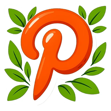 Super plump, smooth Pinterest logo, cartoon style, thick black outline, expressive shadows, glossy highlights, surrounded by bright leaves, no background. Emphasize rounded shapes, contours, and shine, matching the reference style. sticker