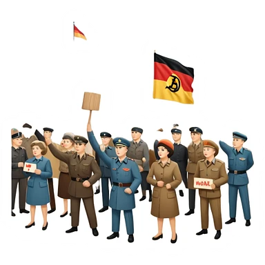 East German protest scene with people holding protest signs, DDR flag, Berlin Wall, subdued mood, 1950s sticker