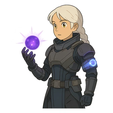1 female, white hair long braid, gold yellow eyes, no helmet, a novice warlock from Destiny 2 armor, charging a void grenade in her hand, futuristic technology, with a glowing warlock bond, level 1 warlock sticker
