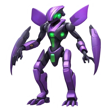 a shiny black-green-purple Genesect-Raptor-Fakémon-Medabot-hybrid with a futuristic visor-helmet full body sticker