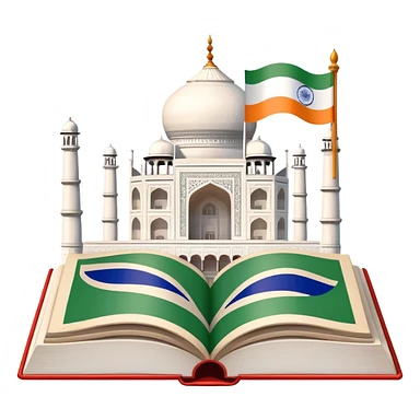 An icon featuring the Taj Mahal and the flag of India, symbolizing the Hindi language. The design includes an open book with Hindi script, representing language learning and cultural richness. Transparent background highlights the heritage of India. sticker