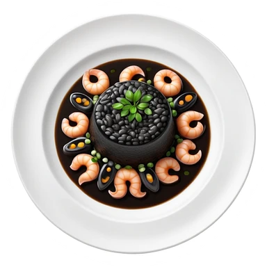 cinematic-realistic-black-risotto-dish-emoji,-showcasing-small squid pieces in black sauce -rendered-with-bold-textures-and-dynamic,-dramatic-lighting in a white plate sticker