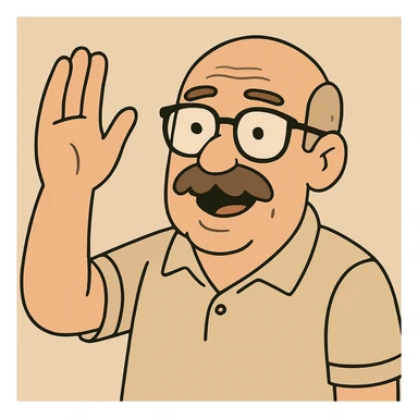 Add glasses to the older bald man with mustache raising his hand, keeping the cartoon style and background as in the reference image. sticker