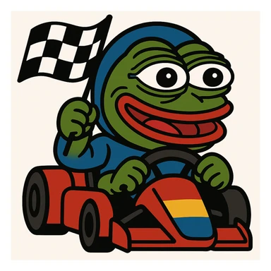Add a waving checkered flag to the scene with Pepe the Frog driving an F1 race car, keeping the fun mascot style consistent with Pepe the Frog style. sticker