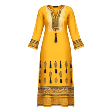 Long yellow kurti with block prints and tassels sticker